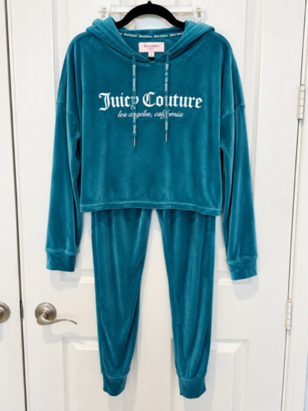 Juicy Couture Teal Velour Tracksuit Set Size L Cropped Hoodie Joggers Y2K
